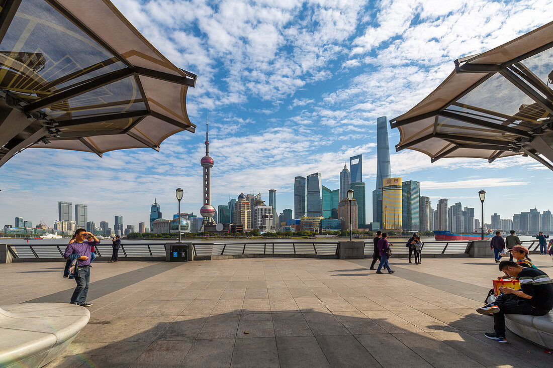 View of Pudong Skyline and Huangpu River from the Bund, Shanghai, China, Asia
