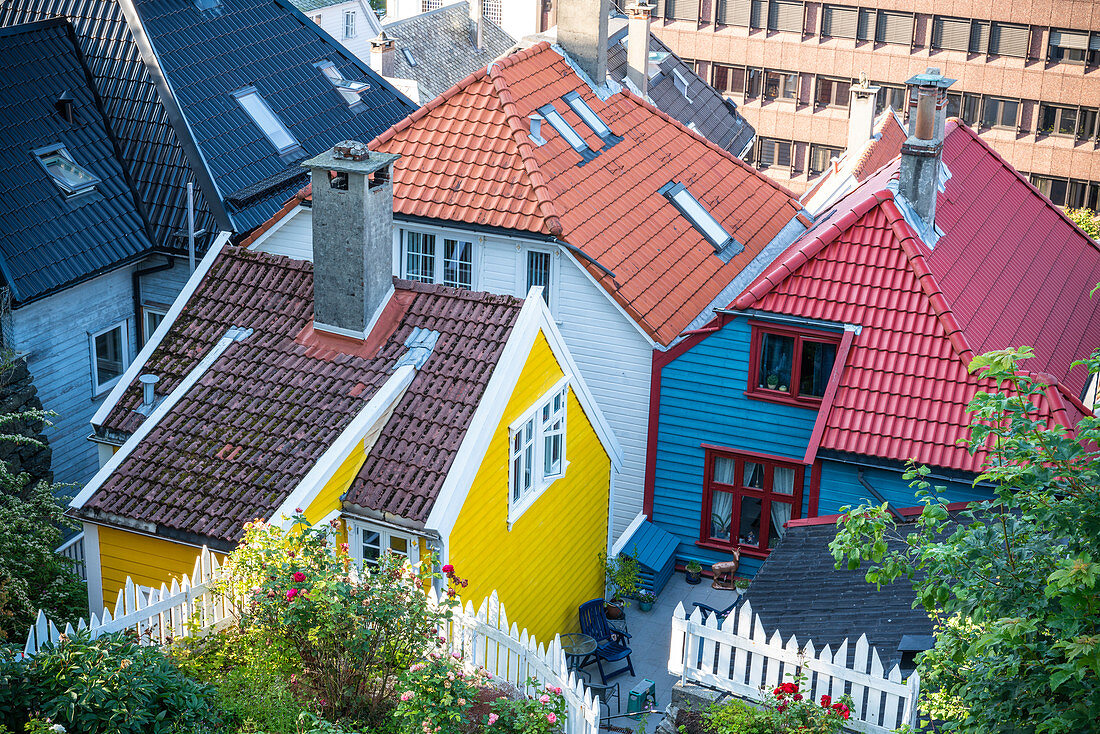 Ziegeldach und bunte Fassaden der traditionellen norwegischen Holzhäuser, Stadtzentrum von Bergen, Hordaland County, Norwegen, Skandinavien, Europa