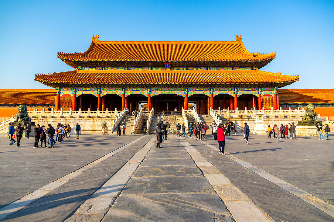 View inside the Forbidden City at sunset, UNESCO World Heritage Site, Xicheng, Beijing, People's Republic of China, Asia