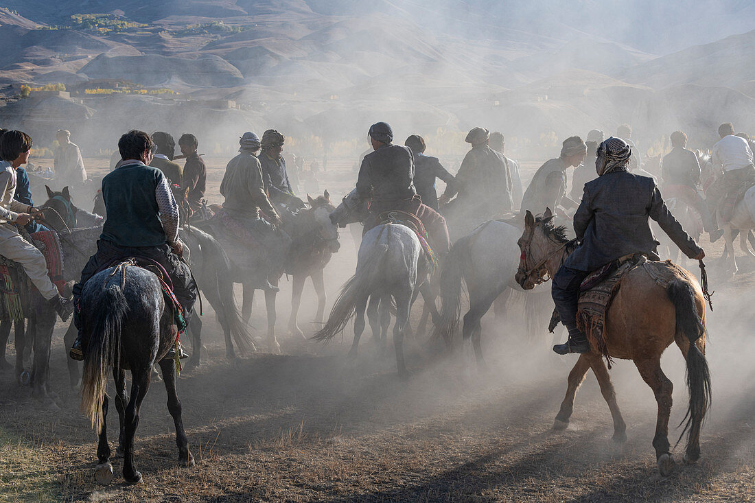 Men practising a traditional Buzkashi game, Yaklawang, Afghanistan, Asia