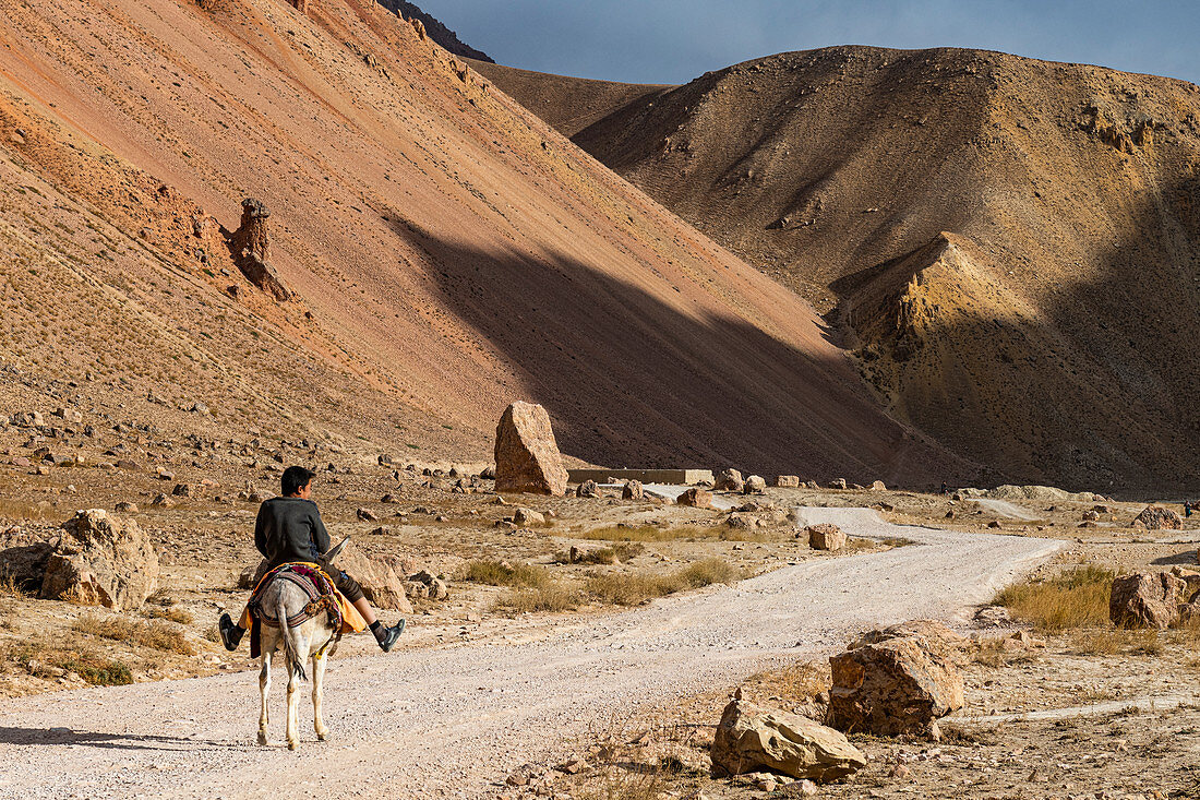 Man with his horse in the valley of Chehel Burj (Forty Towers fortress), Yaklawang province, Bamyan, Afghanistan, Asia