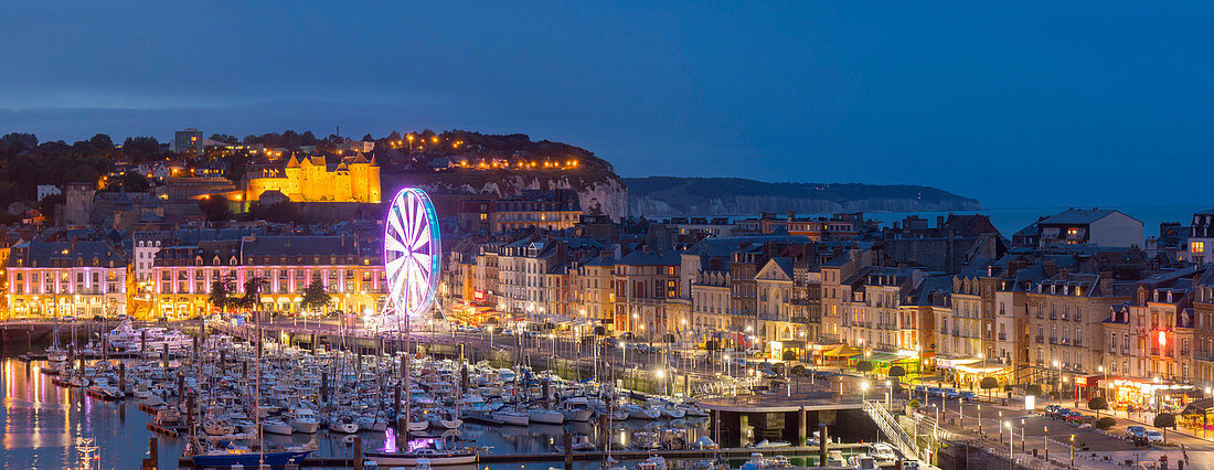 Dieppe harbour waterfront marina panorama at dusk, Dieppe, Seine-Maritime, Normandy, France, Europe