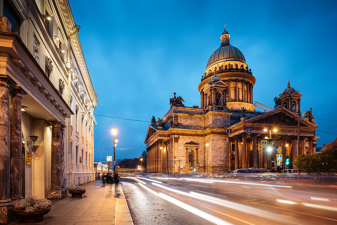 Exterior of St. Isaac's Cathedral at night, UNESCO World Heritage Site, St. Petersburg, Leningrad Oblast, Russia, Europe