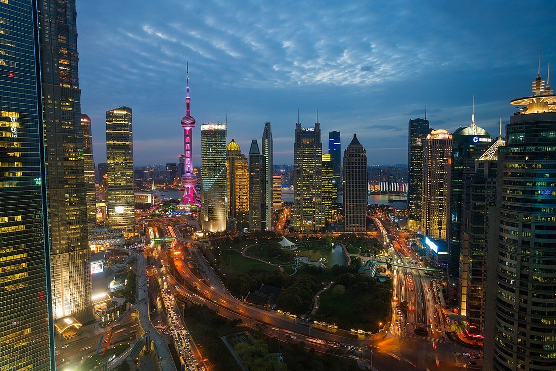 Skyline of the Pudong Financial district at dusk, Shanghai, China.