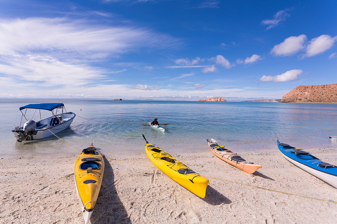 colorful kayaks, Isla Espiritu,Sea of Cortes