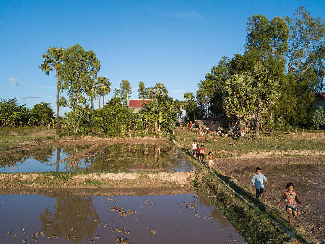 Luftaufnahme von Dorfkindern die auf Deich entlang Reisfeldern laufen, Kampong Prasat, Kampong Chhnang, Kambodscha, Asien