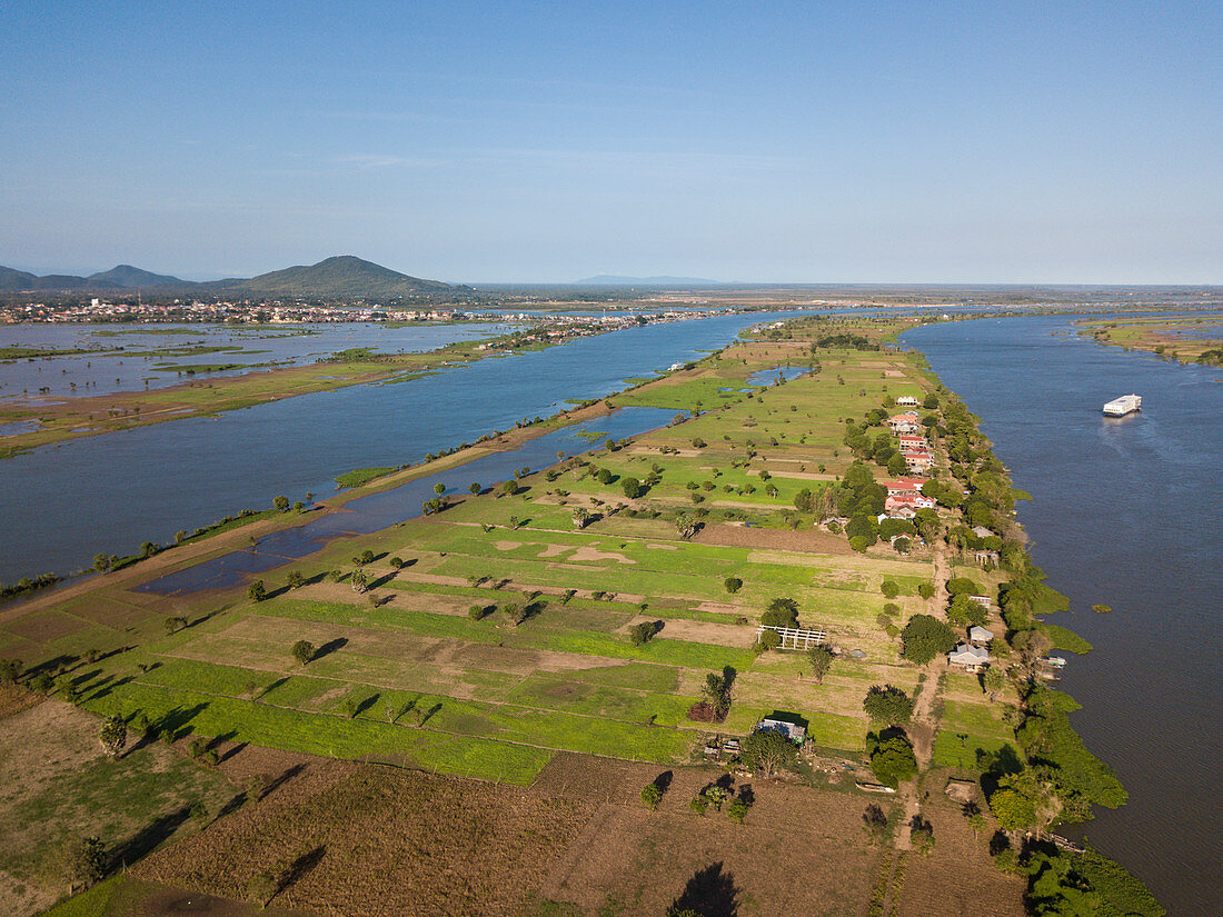 Aerial view of Tonle Sap River and rice fields, near Kampong Chhnang, Kampong Chhnang, Cambodia, Asia