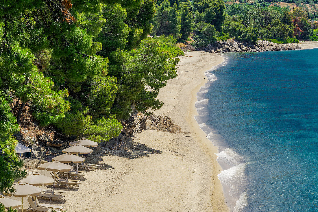 Griechischer Mittelmeerstrand auf der Halbinsel Sithonia Chalkidiki, mit leerem Sandstrand mit klarem, ruhigem Meer und Meeresboden, Sithonia, Chalkidiki, Griechenland, Europa