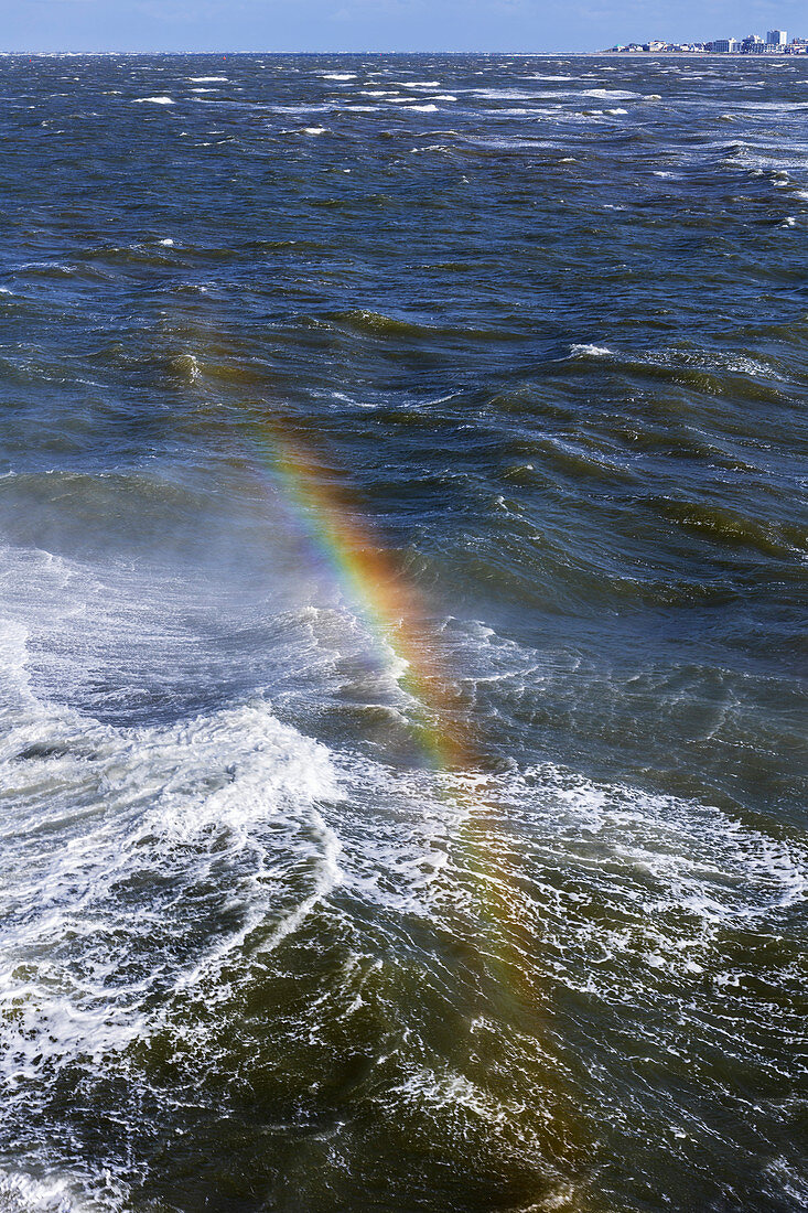 Rainbow in the spray, North Sea, ship, ferry, Norderney, East Frisia, Lower Saxony, Germany