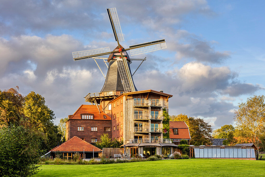 Westeraccumer Mühle bei Sonnenuntergang, Windmühle, Westeraccum, Dornum, Ostfriesland, Niedersachsen, Deutschland