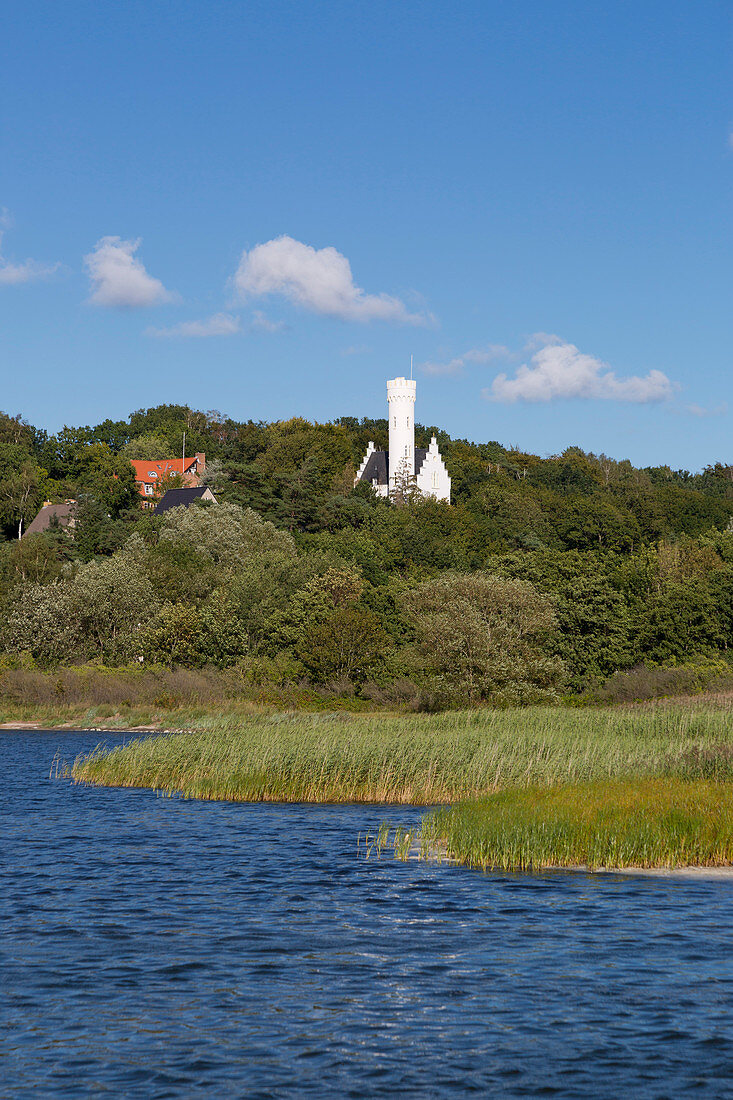 View over the Great Jasmunder Bodden to the little castle &quot;Klein Lichtenstein&quot;, near Lietzow, Ruegen, Baltic Sea, Mecklenburg-Western Pomerania, Germany