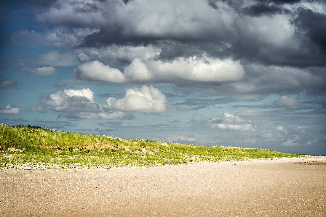 Düne und Sandstrand an der Nordsee unter blauem Himmel mit Wolken, Spiekeroog, Ostfriesland, Niedersachsen, Deutschland, Europa