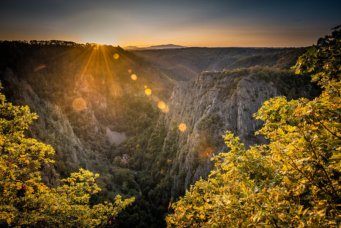 View from Hexentanzplatz into the Bodetal to Rosstrappe and Brocken in autumn at sunset, Thale, Harz, Saxony-Anhalt, Germany, Europe