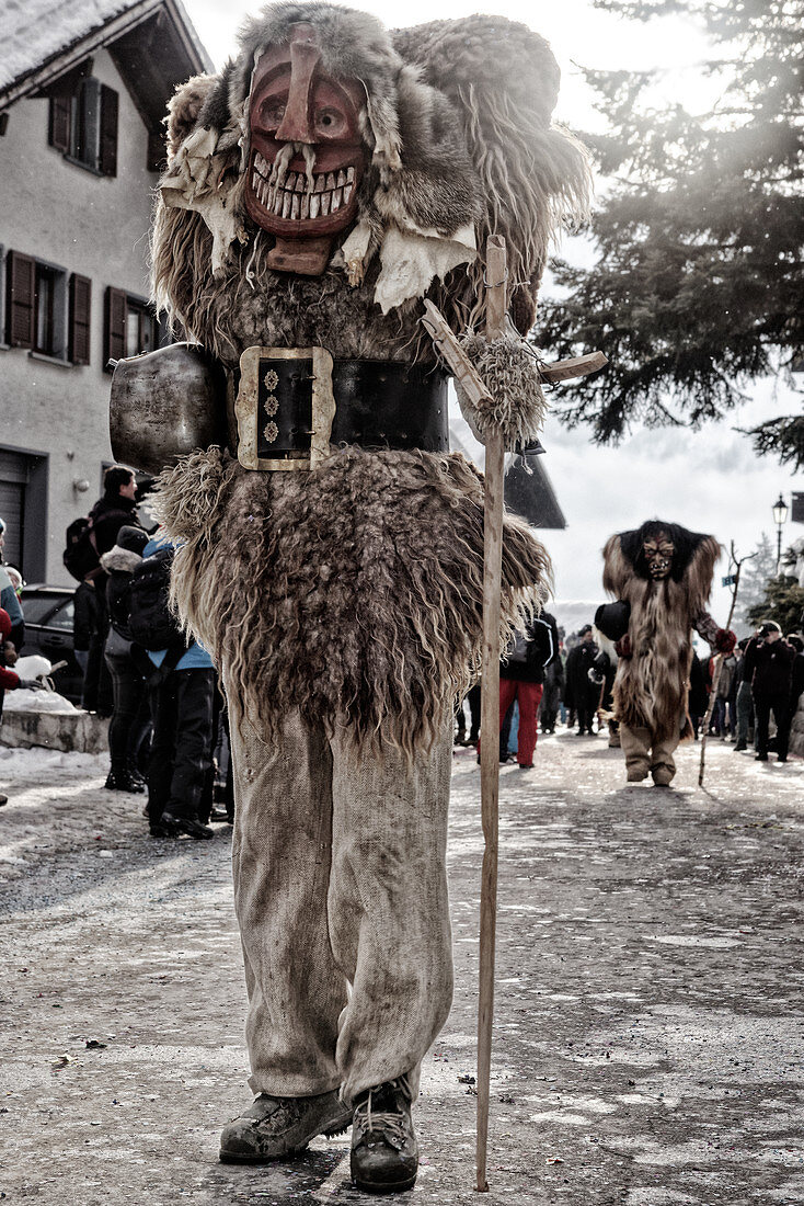 Carnival parade of the Tschäggättä in Wiler, Lötschental, Valais, Switzerland.