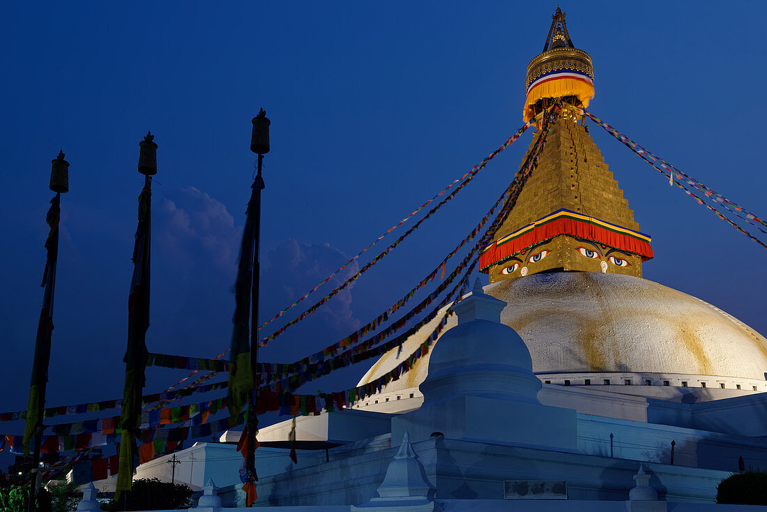 Evening at the stupa of Bodnath, Kathmandu, Nepal, Asia.
