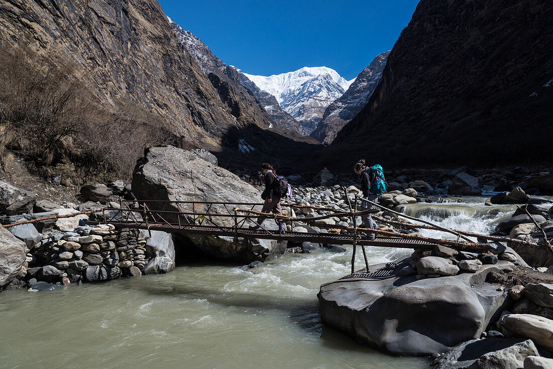 Trekker on the way to Machapuchare base camp, Nepal, Himalayas, Asia.