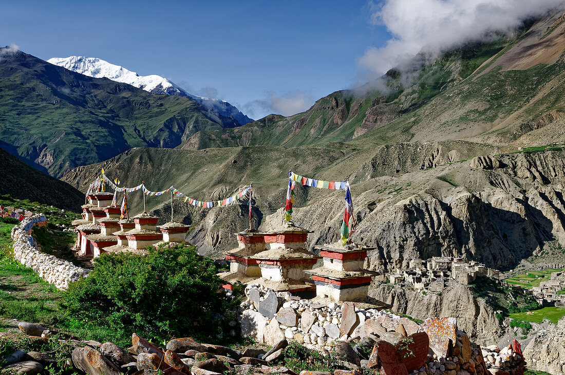 Choerten above the village of Phu, Nepal, Himalaya, Asia.