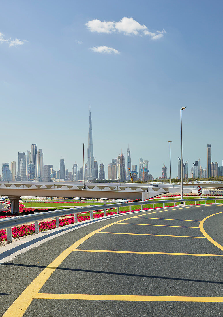 Skyline from a highway entrance, Dubai, United Arab Emirates