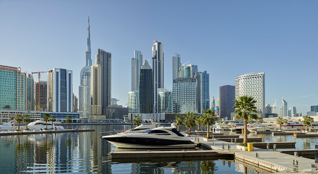 Downtown Dubai from a marina in Dubai Creek, Dubai, United Arab Emirates