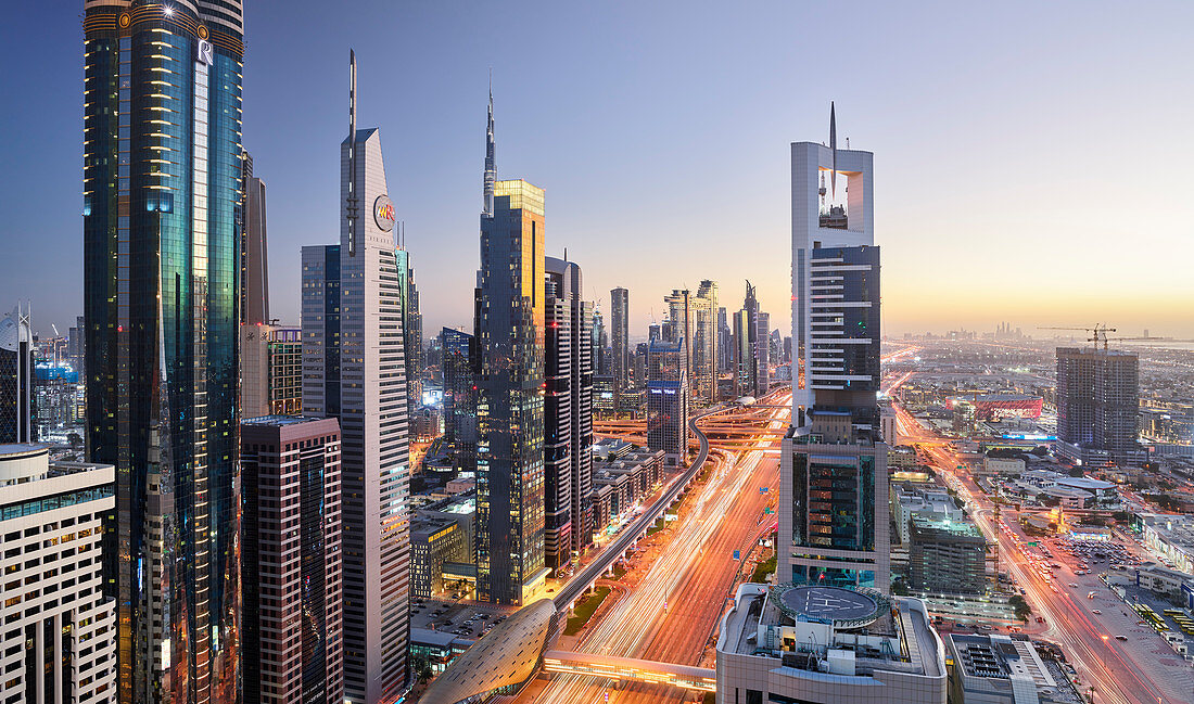 View over Sheikh Zayed Road to Chelsea Tower, Dubai, United Arab Emirates