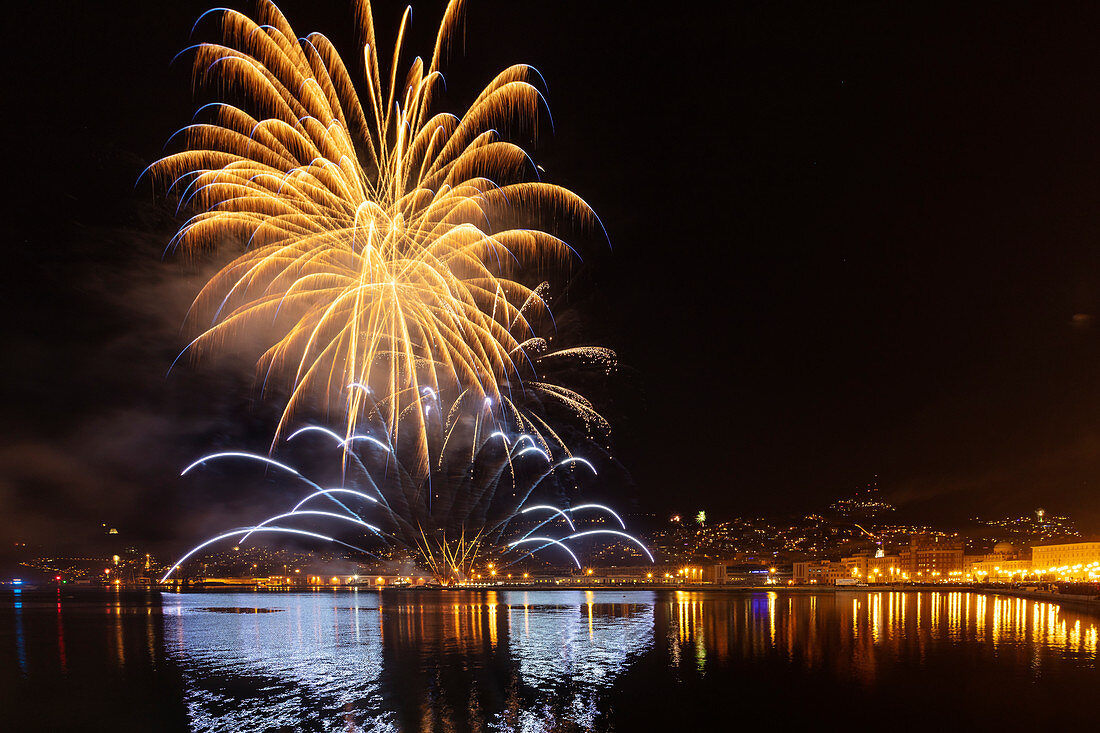 Fireworks in the old harbor, Sylvester, Trieste, Friuli-Venezia Giulia, Italy