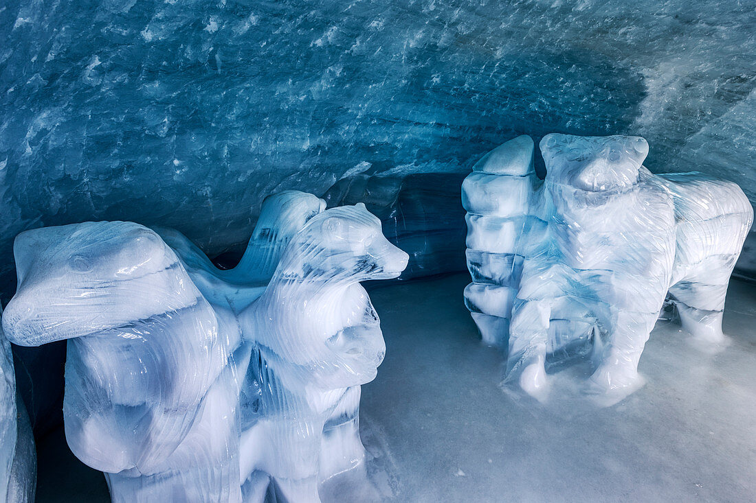 Bären Eisskulpturen im Eispalast am Jungfraujoch, Wallis, Schweiz