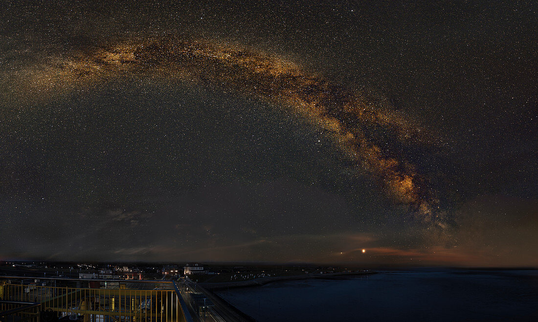 Milky Way in the harbor at night, Dagebüll, Schleswig-Holstein, Germany