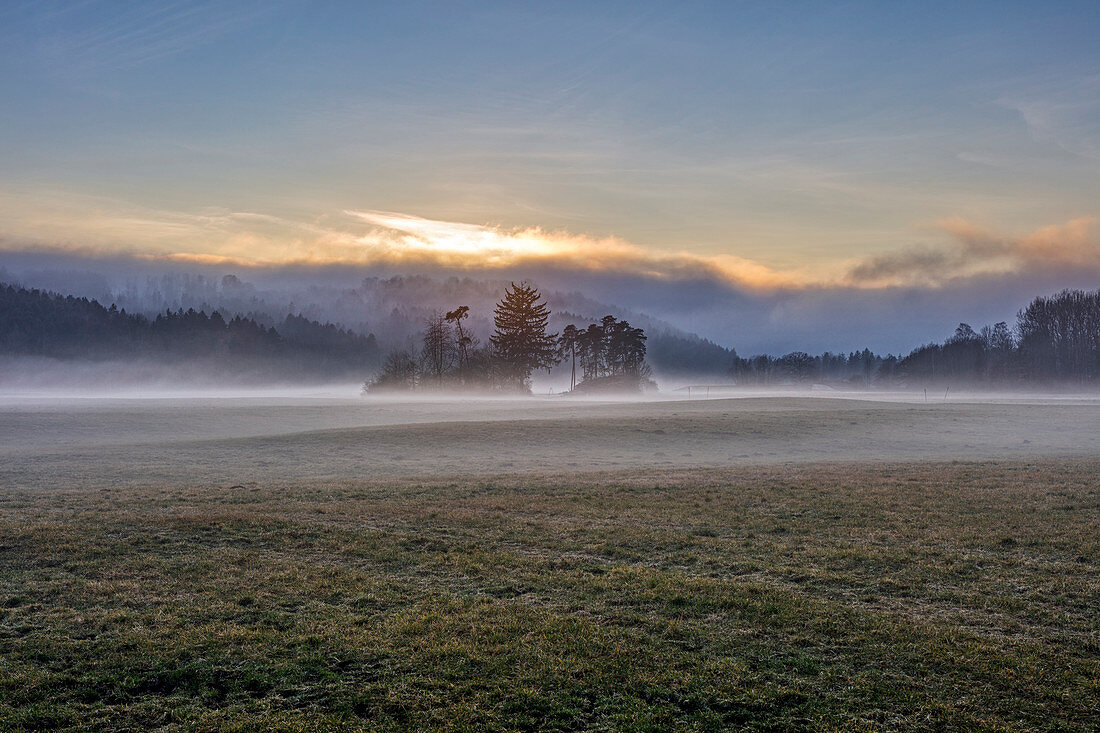 Morgenstimmung mit Bodennebel bei Sonnenaufgang, Feldkirechen-Westerham, Bayern, Deutschland