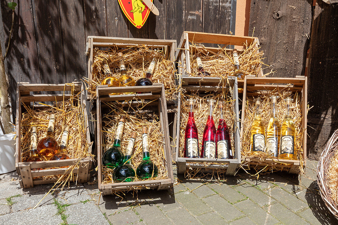 Local wine sales on the street in Rothenburg ob der Tauber, Middle Franconia, Bavaria, Germany