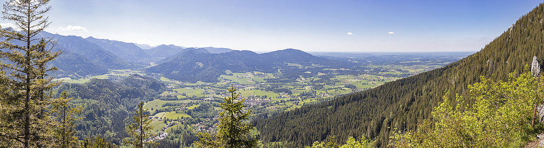 View from Birkenstein in west direction to Fischbachau, panorama, Bavaria, Germany