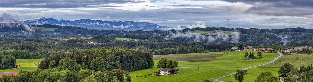 View in west direction with fog clouds from Irschenberg, panorama, Bavaria, Germany