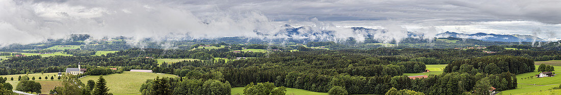 View in southwest direction from Irschenberg with fog clouds, panorama, Bavaria, Germany