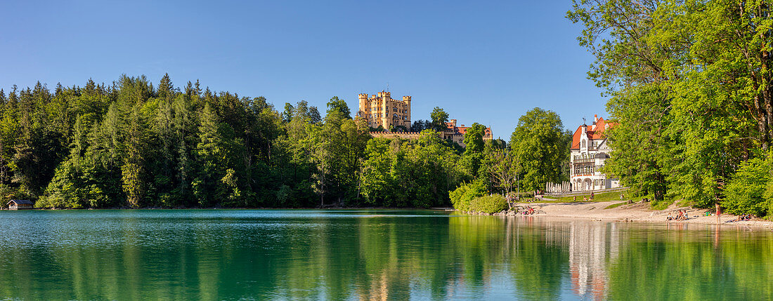 Hohenschwangau Castle on Schwansee, panorama, Bavarian Allgäu, Bavaria, Germany