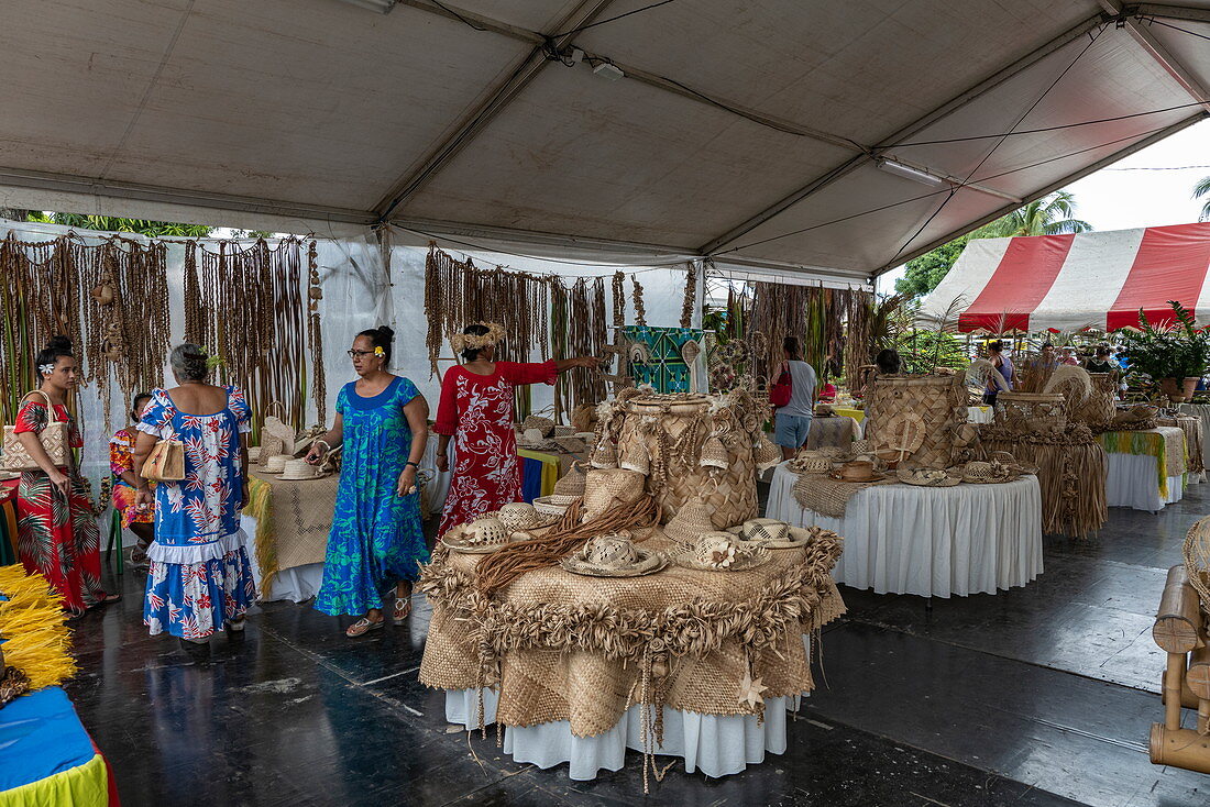 Traditionally woven handicrafts at a cultural festival, Papeete, Tahiti, Windward Islands, French Polynesia, South Pacific