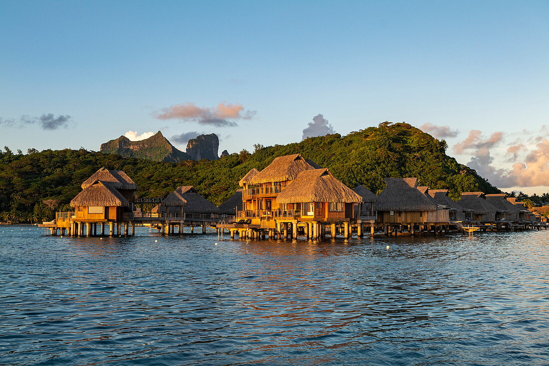 Overwater bungalows of the Conrad Bora Bora Nui Resort, Bora Bora, Leeward Islands, French Polynesia, South Pacific