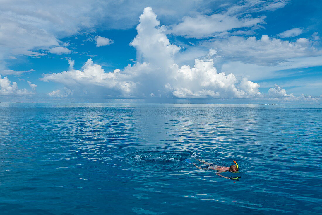 Mann mit Kamera schnorchelt in der Lagune von Bora Bora, Bora Bora, Leeward Islands, Französisch-Polynesien, Südpazifik