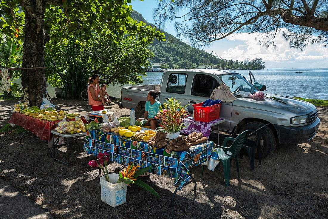 Obst und Gemüse zum Verkauf an Marktstand am Straßenrand, Moorea, Windward Islands, Französisch-Polynesien, Südpazifik