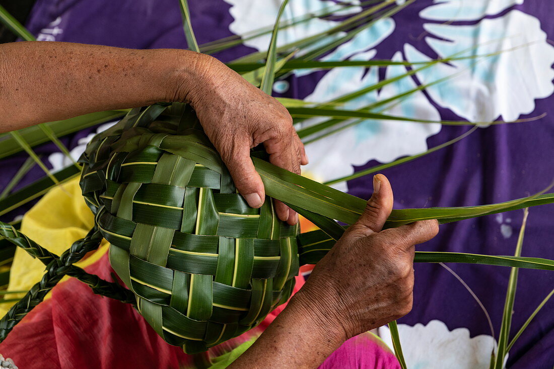 Traditionelles Weben mit Pandanus Blättern während eines Immersion Workshop im ELK-Kulturdorf, Apootaata, Moorea, Windward Islands, Französisch-Polynesien, Südpazifik