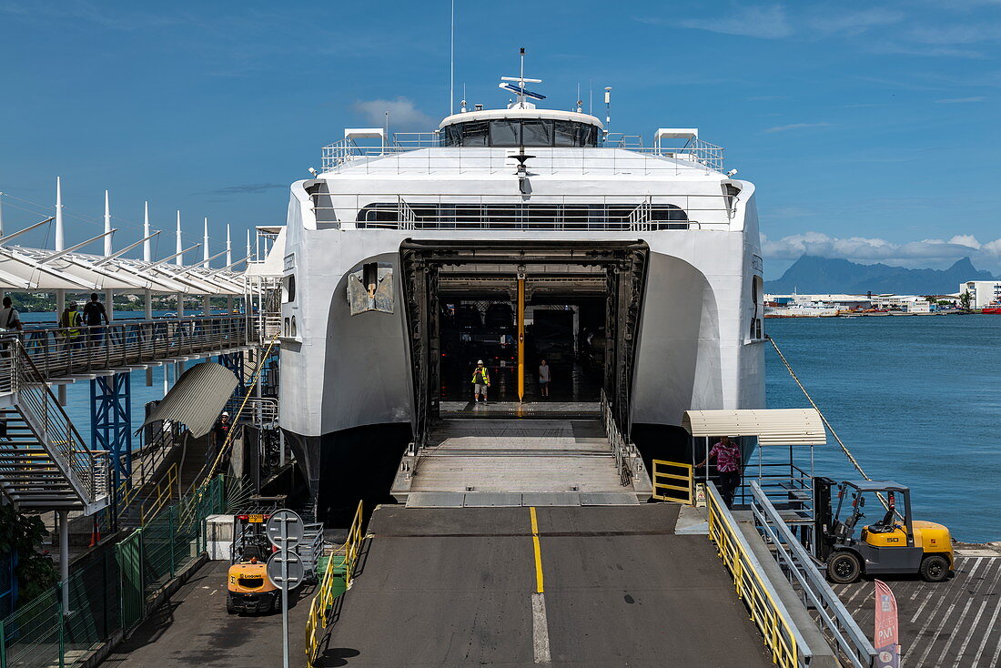 Access to the loading hatch from the car deck of the ferry Aremiti 2, which commutes between Tahiti and Moorea, Papeete, Tahiti, Windward Islands, French Polynesia, South Pacific
