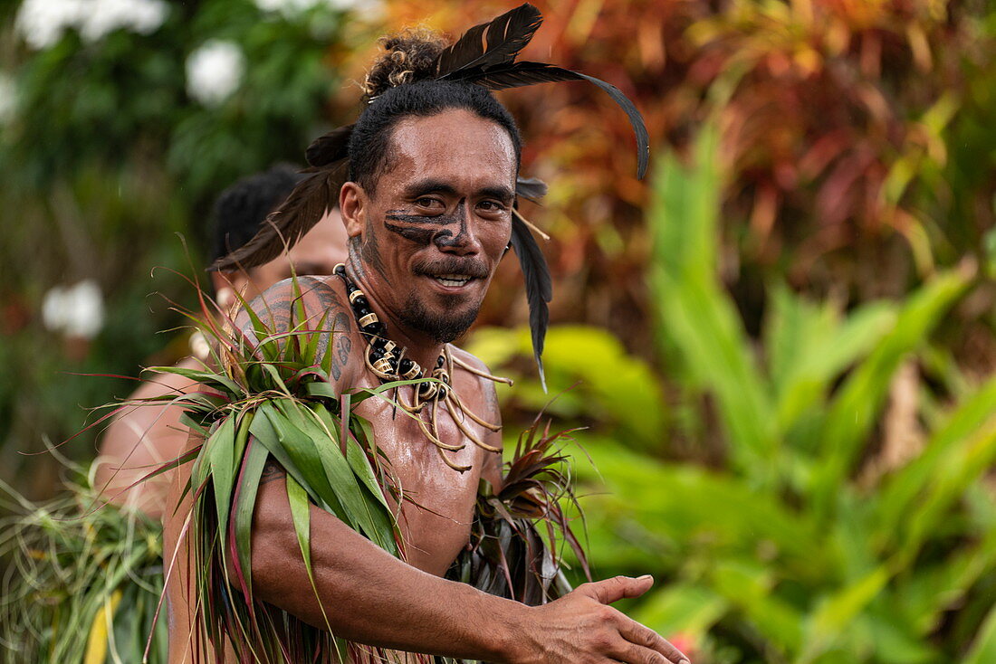 A Marquesan &quot;warrior&quot; performs a traditional dance at a cultural event for passengers on the Aranui 5 (Aranui Cruises) passenger cargo ship, Hatiheu, Nuku Hiva, Marquesas Islands, French Polynesia, South Pacific