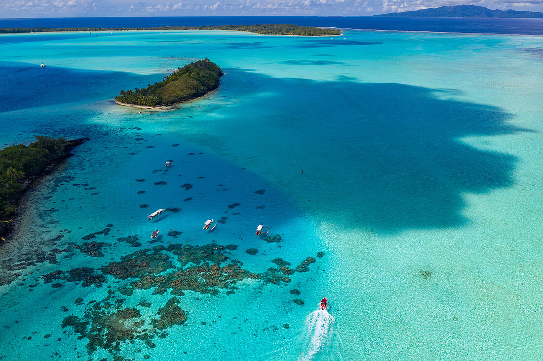 Aerial view of tour boats on snorkeling trips in the Bora Bora Lagoon, Vaitape, Bora Bora, Leeward Islands, French Polynesia, South Pacific