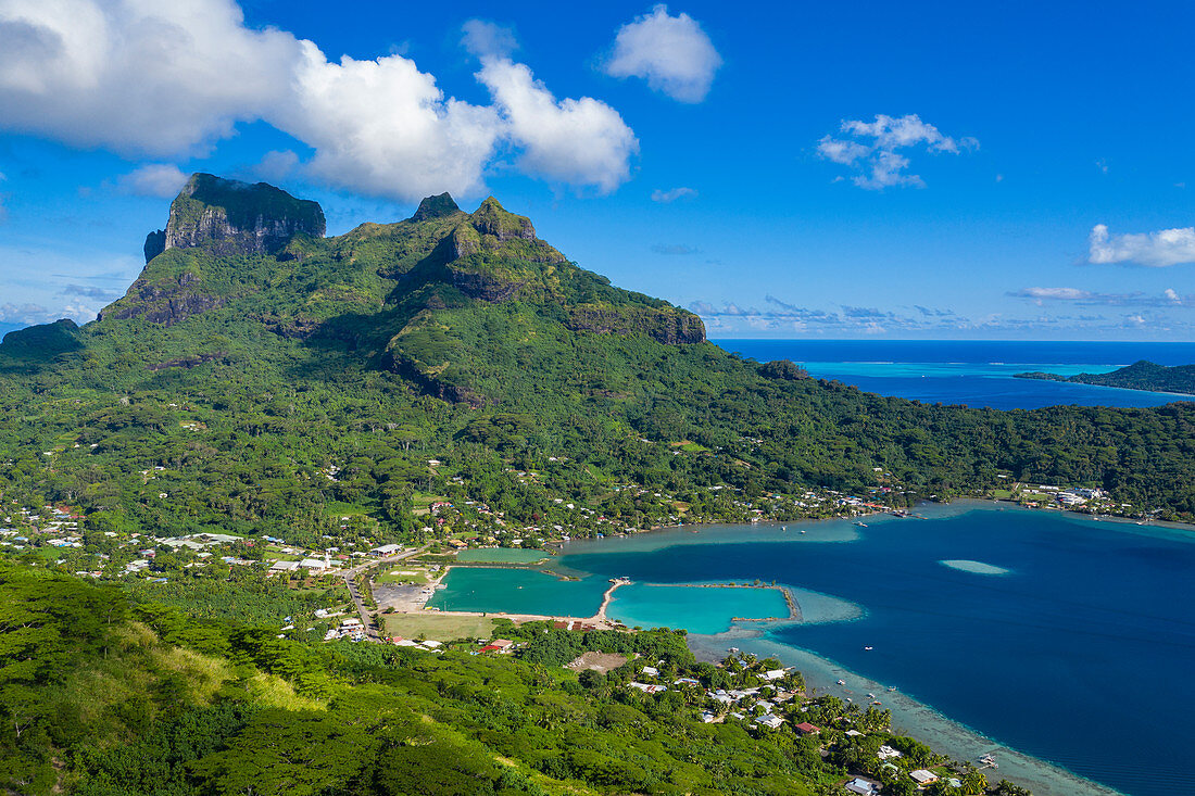 Aerial view of the interior of the island with Mount Otemanu behind, Bora Bora, Leeward Islands, French Polynesia, South Pacific