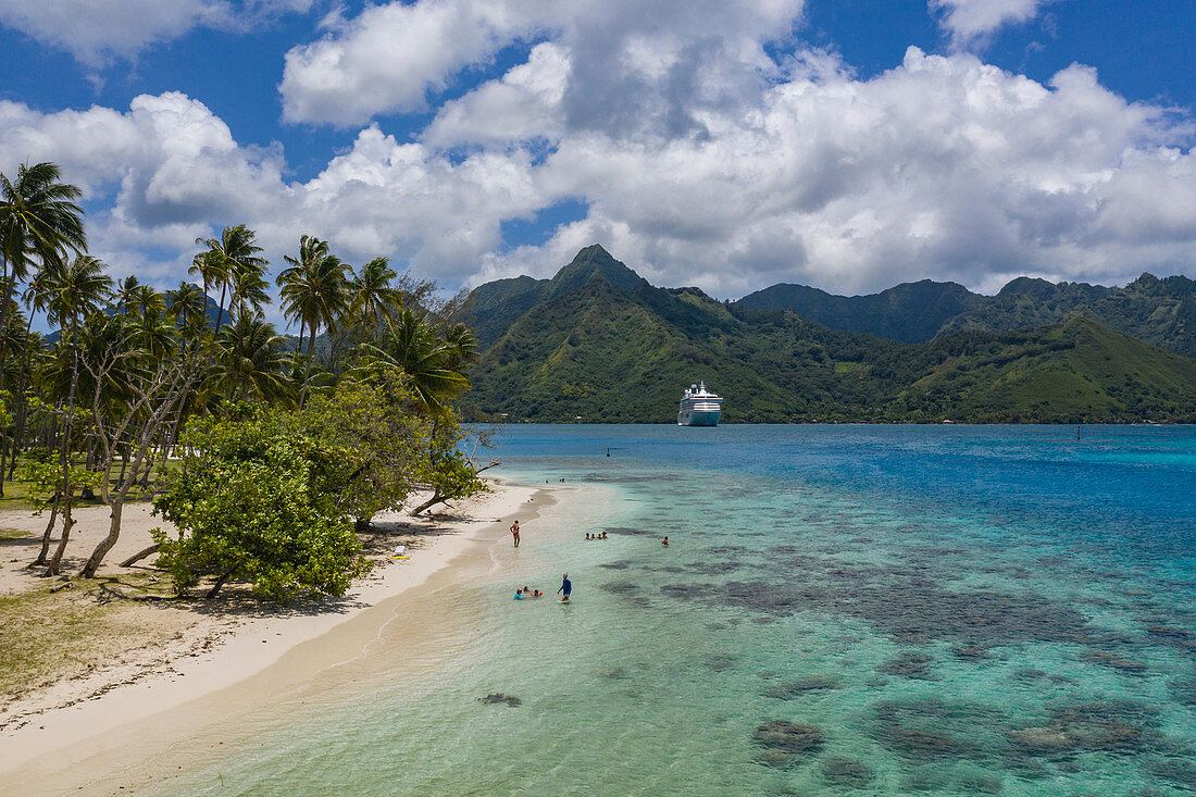 Luftaufnahme von Strand und Menschen im Wasser der Opunohu Bay mit Kreuzfahrtschiff in der Ferne, Moorea, Windward Islands, Französisch-Polynesien, Südpazifik