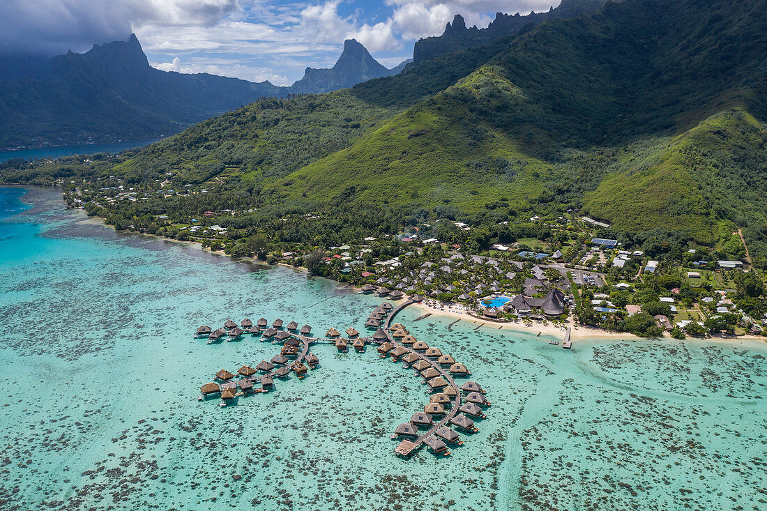 Aerial view of overwater bungalows at the Hilton Moorea Resort