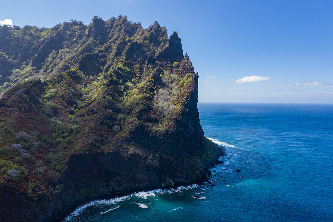 Aerial view of mountain and coast, Omoa, Fatu Hiva, Marquesas Islands, French Polynesia, South Pacific