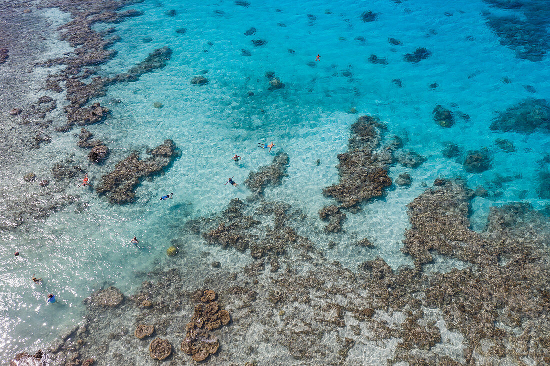 Luftaufnahme von Menschen beim Schnorcheln in der Lagune, Insel Avatoru, Rangiroa-Atoll, Tuamotu-Inseln, Französisch-Polynesien, Südpazifik schnorcheln