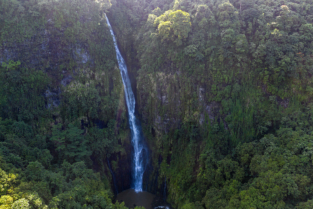 Aerial view from Faarumai Waterfall (Cascades de Faarumai), Vallée Vaipu, Tahiti, Windward Islands, French Polynesia, South Pacific