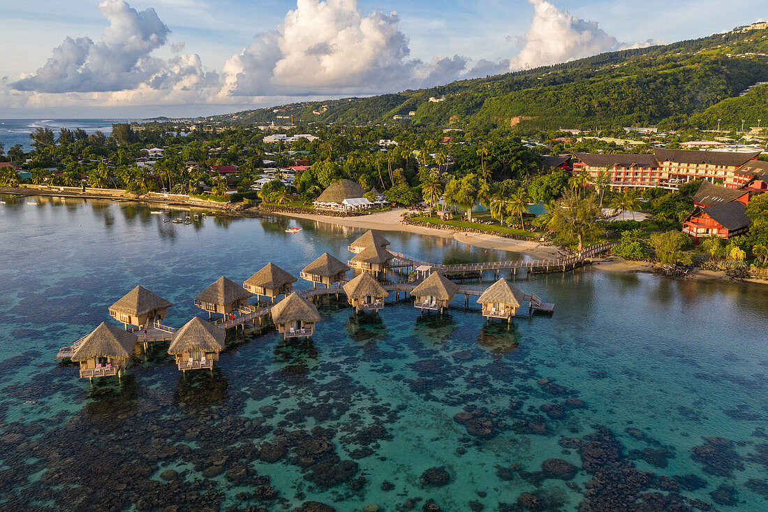 Aerial view of the Tahiti Ia Ora Beach Resort (managed by Sofitel) with overwater bungalows, near Papeete, Tahiti, Windward Islands, French Polynesia, South Pacific