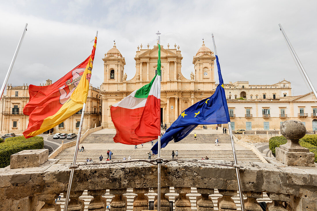 Flags, Nicholas of Myra Cathedral, Noto, Sicily, Italy