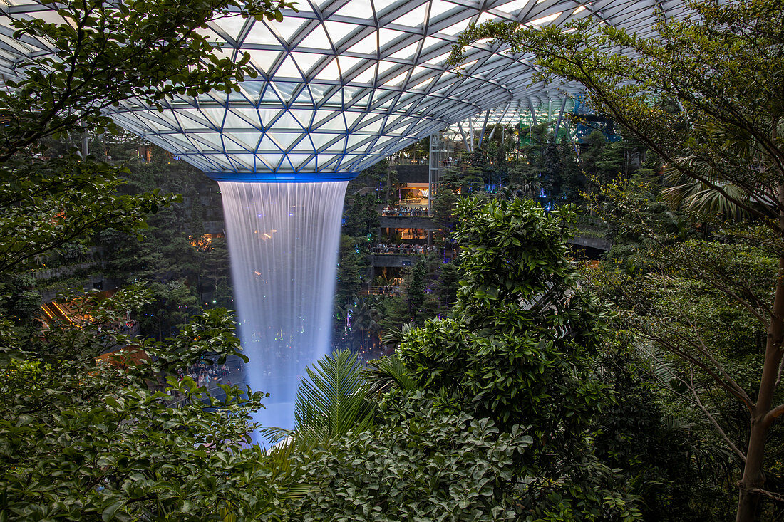 &quot;The Rain Vortex&quot; (largest indoor waterfall in the world) in the &quot;The Jewel Changi&quot; shopping center at Singapore Changi Airport (SIN), Singapore, Singapore, Asia
